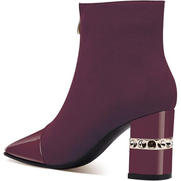 Ankle Booties Block Heeled Burgandy Suede Short Boots Front Zipper Boots - Picture 4 of 6